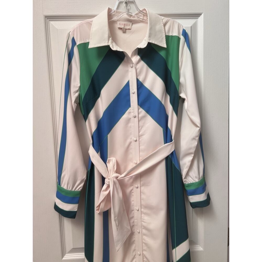 CIEBON Satin Shirt Dress Geo Stripe Pink Blue Green Tie Waist Midi Sz M Read